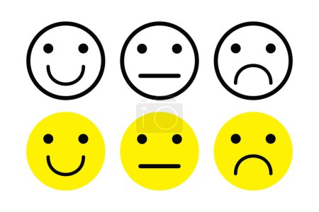 Téléchargez les illustrations : Ligne minimale noire et cercle jaune visages emoji et émoticônes mis sur fond blanc - en licence libre de droit