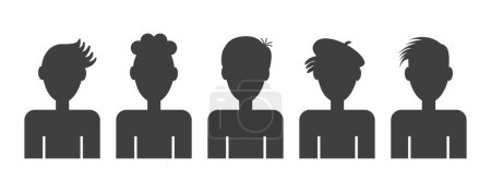 Téléchargez les illustrations : Silhouette noire groupe de jeunes garçons avec différentes icônes de coiffure ensemble dans une rangée sur fond blanc - en licence libre de droit