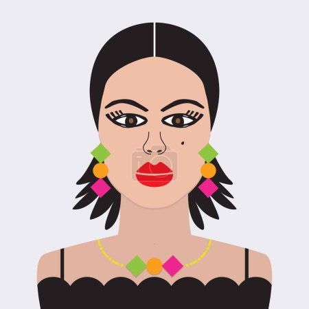 Ilustración de Hermosa joven española con cabello negro, labios rojos, parte superior negra y coloridos pendientes funky y collar en el cartel de fondo azul claro - Imagen libre de derechos
