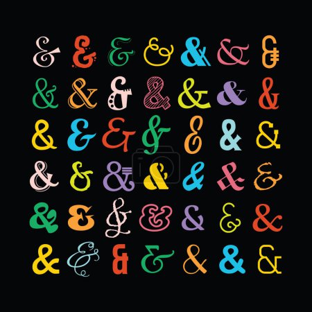 Ilustración de Completa diferentes colores de moda y aislado ampersand font faces icons set design element on black background - Imagen libre de derechos
