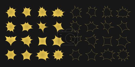 Illustration for Gold like isolated silhouette and out line pointy distorted random shapes design elements template set on black background - Royalty Free Image