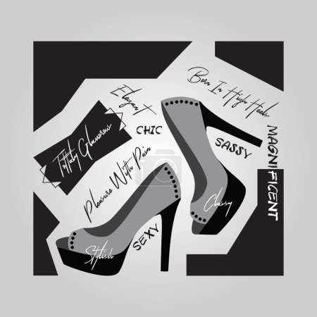 Téléchargez les illustrations : Élégant à la mode paire de dames bout ouvert talons hauts chaussures affiche créative avec des messages sur fond dégradé gris - en licence libre de droit