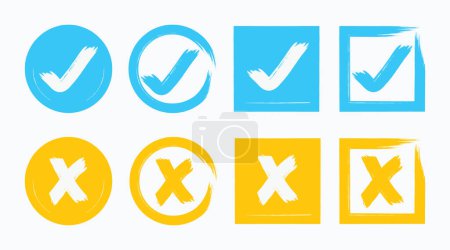 Téléchargez les illustrations : Trendy bleu et jaune isolé couleur pinceau style cocher et croix X marque carrés boîtes et icônes rondes élément de conception mis sur fond blanc - en licence libre de droit