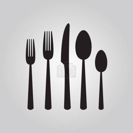 Ilustración de Conjunto de cubiertos de silueta negra que incluye cuchara, tenedor e iconos de cuchillo establecidos sobre fondo de gradiente gris - Imagen libre de derechos