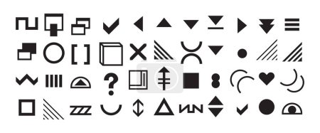 Ilustración de Signos e iconos de símbolos negros aleatorios y aislados establecen elementos de diseño sobre fondo blanco - Imagen libre de derechos