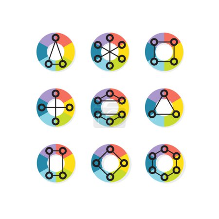 Illustration for Black line and circle nodes connection with colorful round wheels symbols icons set design elements on white background - Royalty Free Image