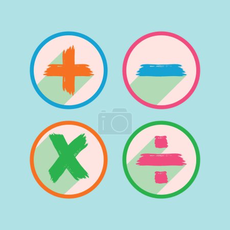 Ilustración de Funky pinceles redondos coloridos estilo signos matemáticos básicos con iconos de sombra larga conjunto de elementos de diseño sobre fondo azul - Imagen libre de derechos