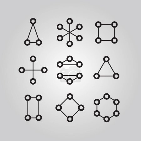 Téléchargez les illustrations : Les icônes de formes de connexion réseau de nœuds de ligne et de cercle noirs définissent des éléments de conception sur fond de gradient gris - en licence libre de droit