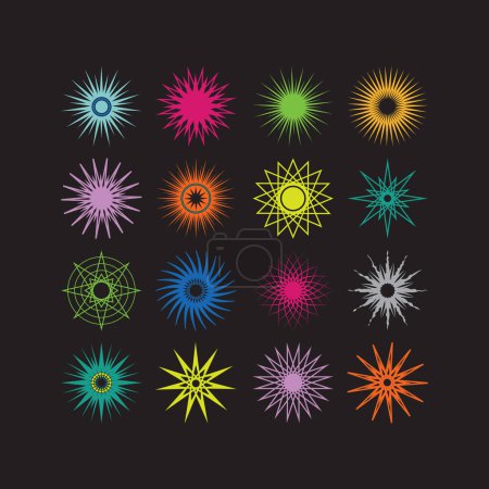 Téléchargez les illustrations : Silhouette colorée détail géométrique polygramme étoiles pointues icônes ensemble élément de conception sur fond noir - en licence libre de droit