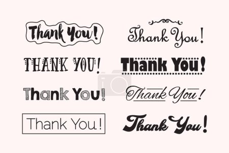 Illustration for Black ink Thank You words text with different stylized font faces icons set design elements on light pink background - Royalty Free Image