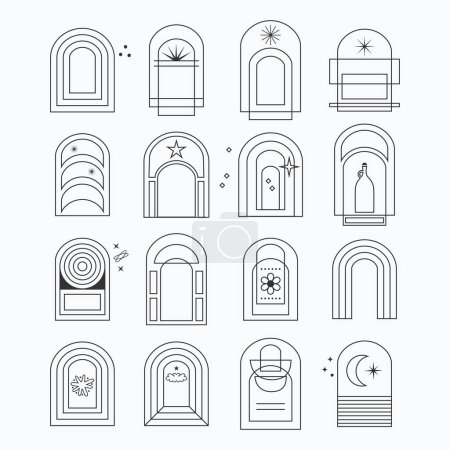 Illustration for Black thin line assorted isolated round arches frames icons set with stars design elements on white background - Royalty Free Image