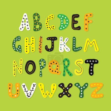 Ilustración de Abstracto lindo colorido niños dibujos animados letras alfabéticas conjunto iconos elementos de diseño de póster sobre fondo verde - Imagen libre de derechos