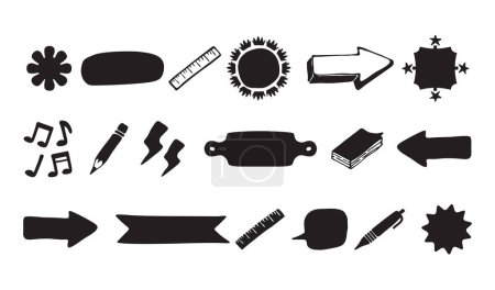 Téléchargez les illustrations : Formes aléatoires noires silhouette emblèmes plats et éléments de design fixés sur fond blanc - en licence libre de droit