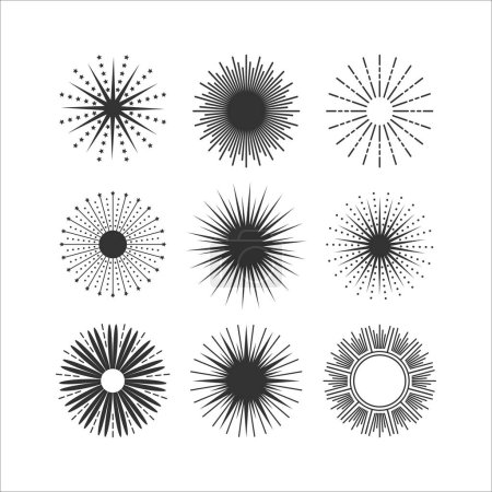 Ilustración de Negro abstracto aislado ronda sunburst iconos decorativos y elementos de diseño establecidos sobre fondo blanco - Imagen libre de derechos