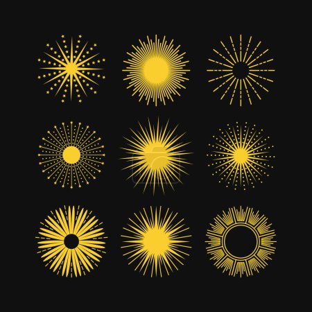 Illustration for Golden like abstract isolated round sunburst decorative icons and design elements set on black background - Royalty Free Image