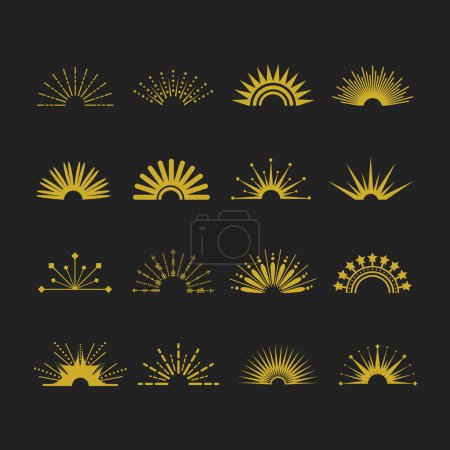 Illustration for Creative set of golden half circle trendy abstract isolated different shapes sunbeams icons design elements template on black background - Royalty Free Image