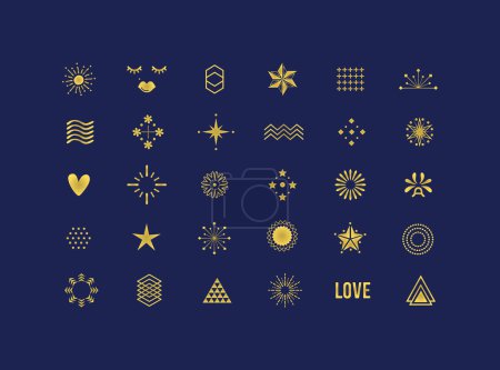 Ilustración de Golden aleatorio lindo gráfico emblemas y diferentes formas decoración signo y símbolos iconos conjunto de elementos de diseño sobre fondo azul oscuro - Imagen libre de derechos