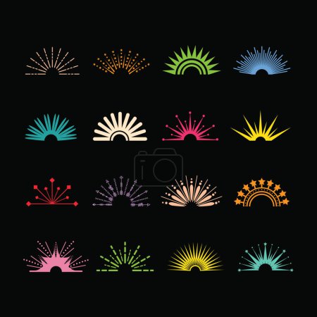 Illustration for Creative trendy colorful set of half circle abstract isolated different shapes sunbeams icons design elements template on black background - Royalty Free Image