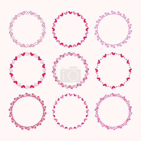 Illustration for Cute assorted red and pink empty cartoon heart shape round emblem borders design elements icons set on white background - Royalty Free Image