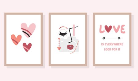Illustration for Abstract creative pink retro love signs and symbols wall art frame poster set design element on white background - Royalty Free Image