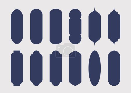 Téléchargez les illustrations : Silhouette solide isolé bleu foncé types communs d'emblèmes architecturaux vierges d'étiquette de fenêtre moderne icônes ensemble modèle d'éléments de conception sur fond gris - en licence libre de droit