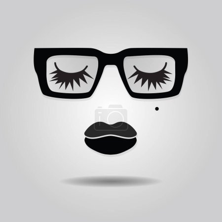 Ilustración de Cara de señora elegante y de moda abstracta con labios, ojos cerrados, pestañas gruesas e iconos de gafas de sol de forma cuadrada de moda sobre fondo gris degradado - Imagen libre de derechos