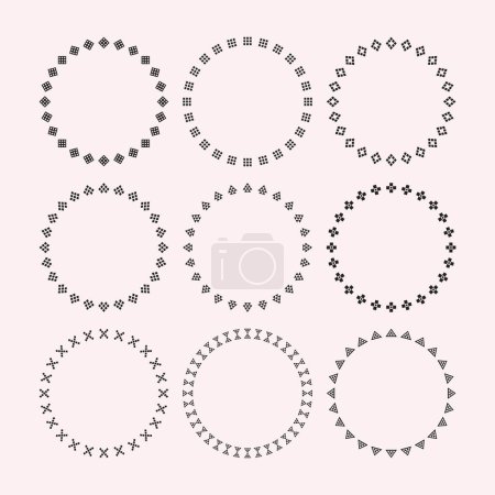 Ilustración de Negro creativo lindo forma geométrica azulejos patrón vacío redondo emblema bordes iconos diseño elementos establecidos sobre fondo rosa claro - Imagen libre de derechos