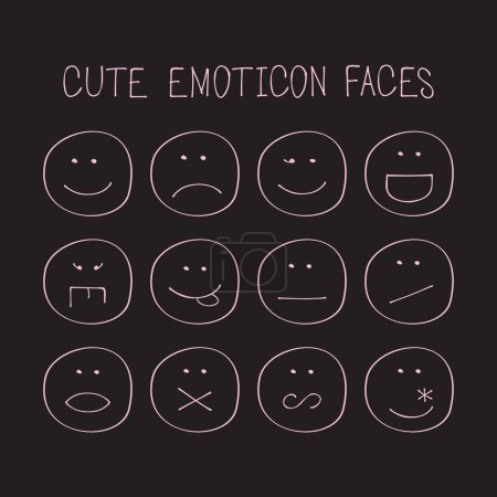Illustration for Pink thin line cute creative emoticon faces icons set poster design element on black background - Royalty Free Image