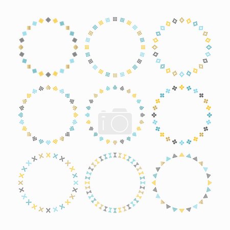 Illustration for Colorful creative cute geometrical Aztec style tiles pattern borders empty round emblem icons set design elements on white background - Royalty Free Image