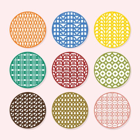 Ilustración de Moderno círculo abstracto colorido de moda y patrón redondo art deco emblemas decoración conjunto sobre fondo rosa - Imagen libre de derechos