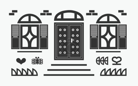 Ilustración de Silueta negra aislada casa abstracta frente a la puerta y ventanas con persianas correderas abiertas, corazón y mariposa sobre fondo blanco - Imagen libre de derechos