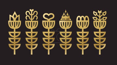 Téléchargez les illustrations : Doré brillant assortiment abstrait isolé épais ligne art déco fleurs à fleurs verticales avec des icônes feuilles fixées sur fond noir - en licence libre de droit