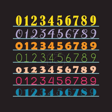 Illustration for Abstract colorful assorted isolated silhouette and line math numbers, zero to nine icons set design element on black background - Royalty Free Image