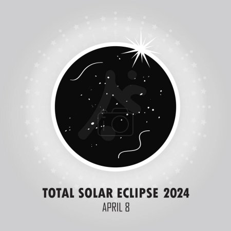 Cartel del eclipse solar total abstracto - Luna negra bloqueando completamente la cara del sol con corona de halo blanco y los rayos de la atmósfera exterior sobre fondo de gradiente gris