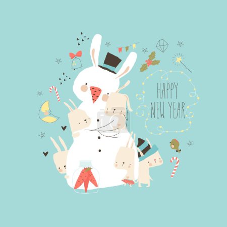 Téléchargez les illustrations : Carte vectorielle du Nouvel An avec bonhomme de neige mignon embrassant les lapins - en licence libre de droit