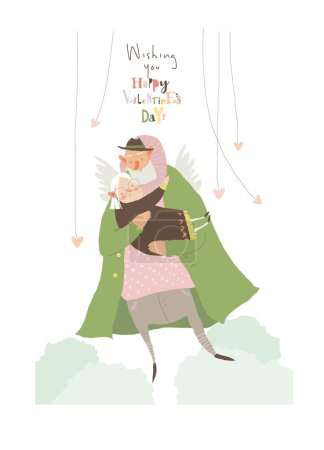 Téléchargez les illustrations : Cartoon Angel Grand-père étreignant sa grand-mère dans les nuages. Carte de Saint-Valentin. Illustration vectorielle - en licence libre de droit