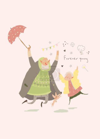 Téléchargez les illustrations : Dessin animé Happy Elderly Couple appréciant la pluie. Carte de Saint-Valentin. Illustration vectorielle - en licence libre de droit