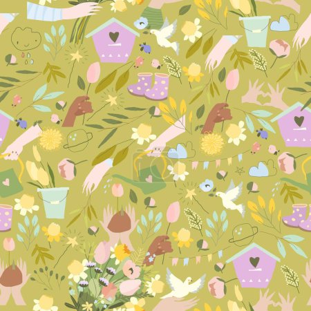 Ilustración de Patrón sin costura vectorial con las manos y las flores de primavera sobre fondo verde - Imagen libre de derechos