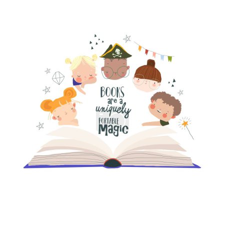 Illustration for Vector Cartoon Illustration with Big Book and Kids Faces - Royalty Free Image