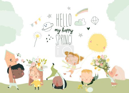 Illustration for Cartoon Group of Happy Children meeting Spring. Vector Illustration - Royalty Free Image