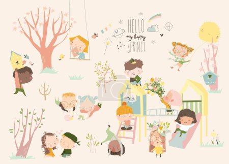 Téléchargez les illustrations : Cute Cartoon Kids enjoying on Playground in Spring Park. Vector Illustration - en licence libre de droit