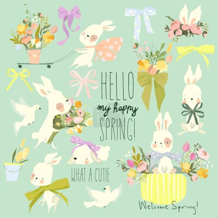 Ilustración de Cartoon Spring Bunnies with Flowers and Bows. Vector Set - Imagen libre de derechos