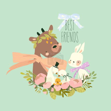 Téléchargez les illustrations : Vector Cartoon Illustration with Cute Deer, Rabbit and Birds - en licence libre de droit