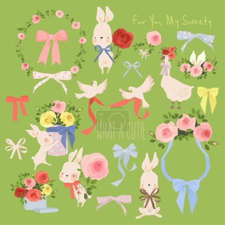 Illustration for Cartoon Spring Bunnies with Roses and Bows. Vector Set - Royalty Free Image