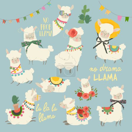 Ilustración de Cute Llamas with funny Quotes. Funny Characters. Vector Illustration - Imagen libre de derechos