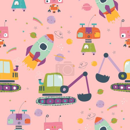 Téléchargez les illustrations : Vector Cartoon Pattern with Robots, Digger,Cosmic Rocket on Pink Background - en licence libre de droit