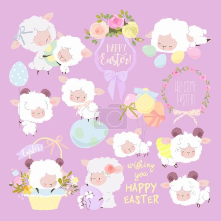 Téléchargez les illustrations : Vector Easter Set with Cute White Sheeps and Easter Eggs - en licence libre de droit