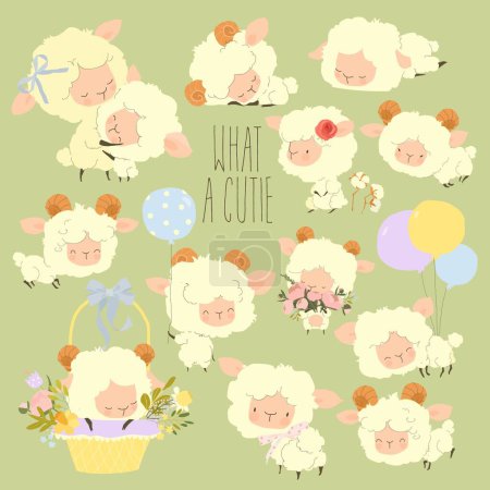 Illustration for Cute Little Sheep Cartoon Characters. Vector Set - Royalty Free Image