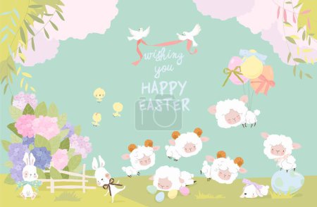 Téléchargez les illustrations : Cute Cartoon Lambs and Bunnies celebrating Easter on Spring Meadow. Vector Illustraion - en licence libre de droit