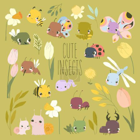 Téléchargez les illustrations : Vector Cartoon Set with Cute Baby Insects, Flowers and Plants - en licence libre de droit